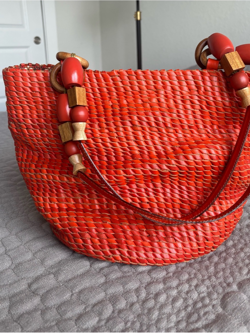 Anthropologie orange Woven leather boho Bag with Wooden Bead Accents Halloween